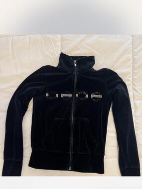 bebe Black Velour Rhinestone Logo Zip-Up Jacket